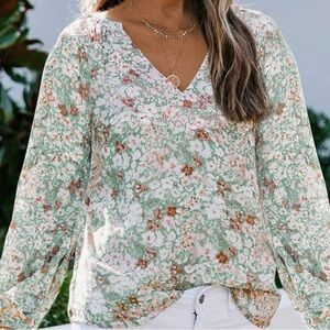 Amazon Green Floral Printed Long Bell Sleeve Blouse Size L